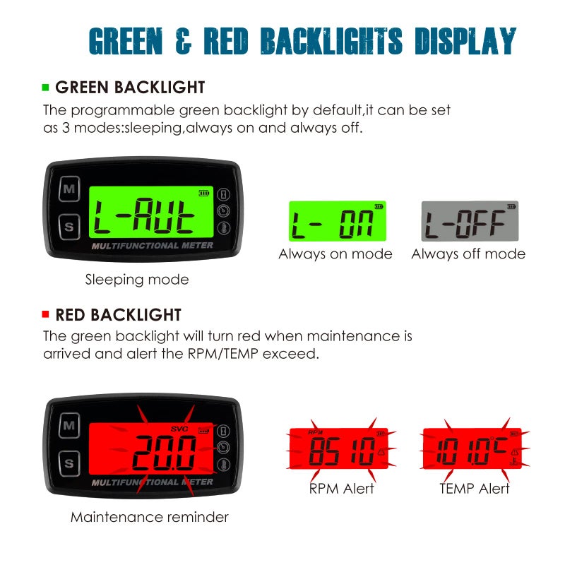 Runleader RL-HM035T-TS003 Digital Engine Temp Gauge Hours Tachometer, Backlight Display, Replaceable Battery and Waterproof Design. - Image 5